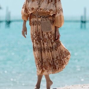 Spell Floral Pleated Midi Skirt in Warm Tan and Cream